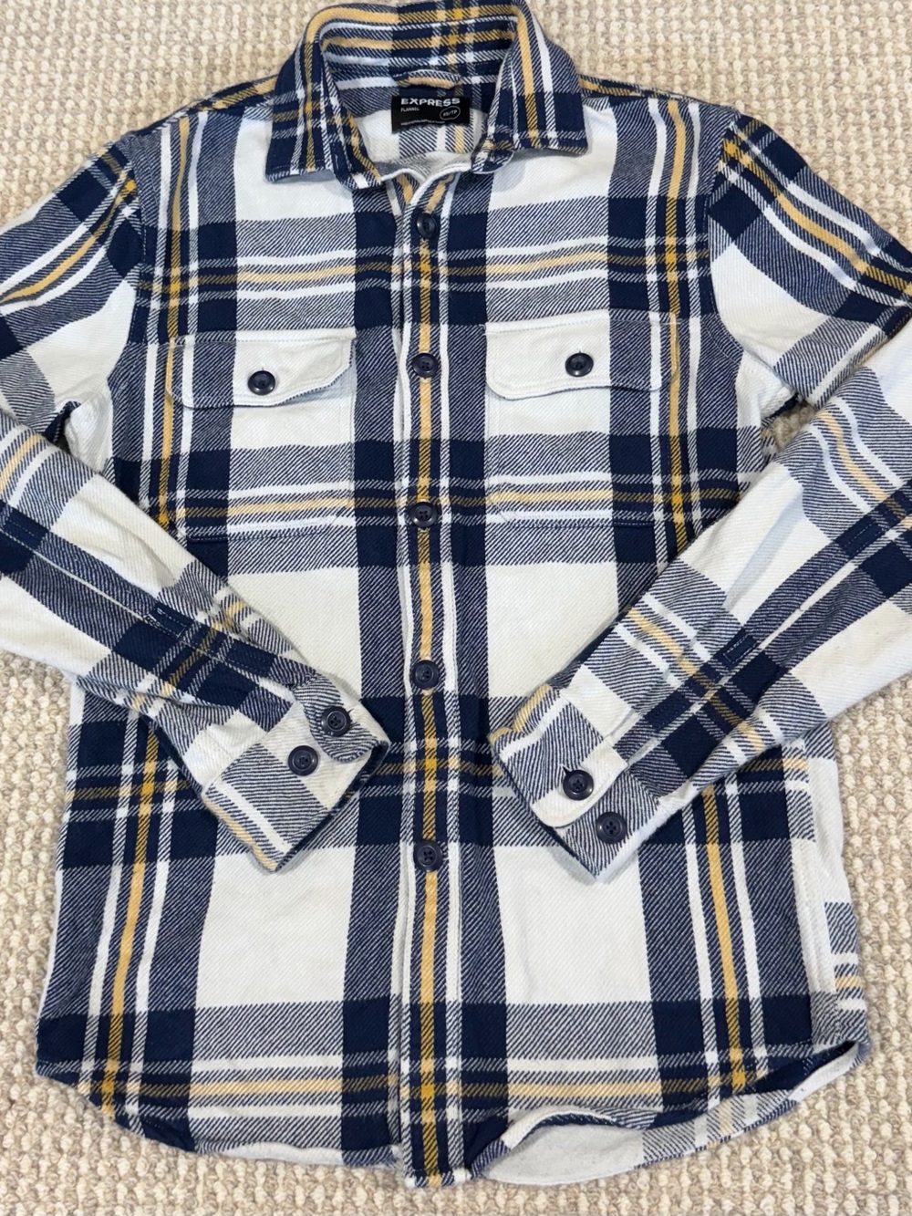 Express Flannel Plaid Button-Up Shirt Mens XS Blue White Yellow Cotton Pockets